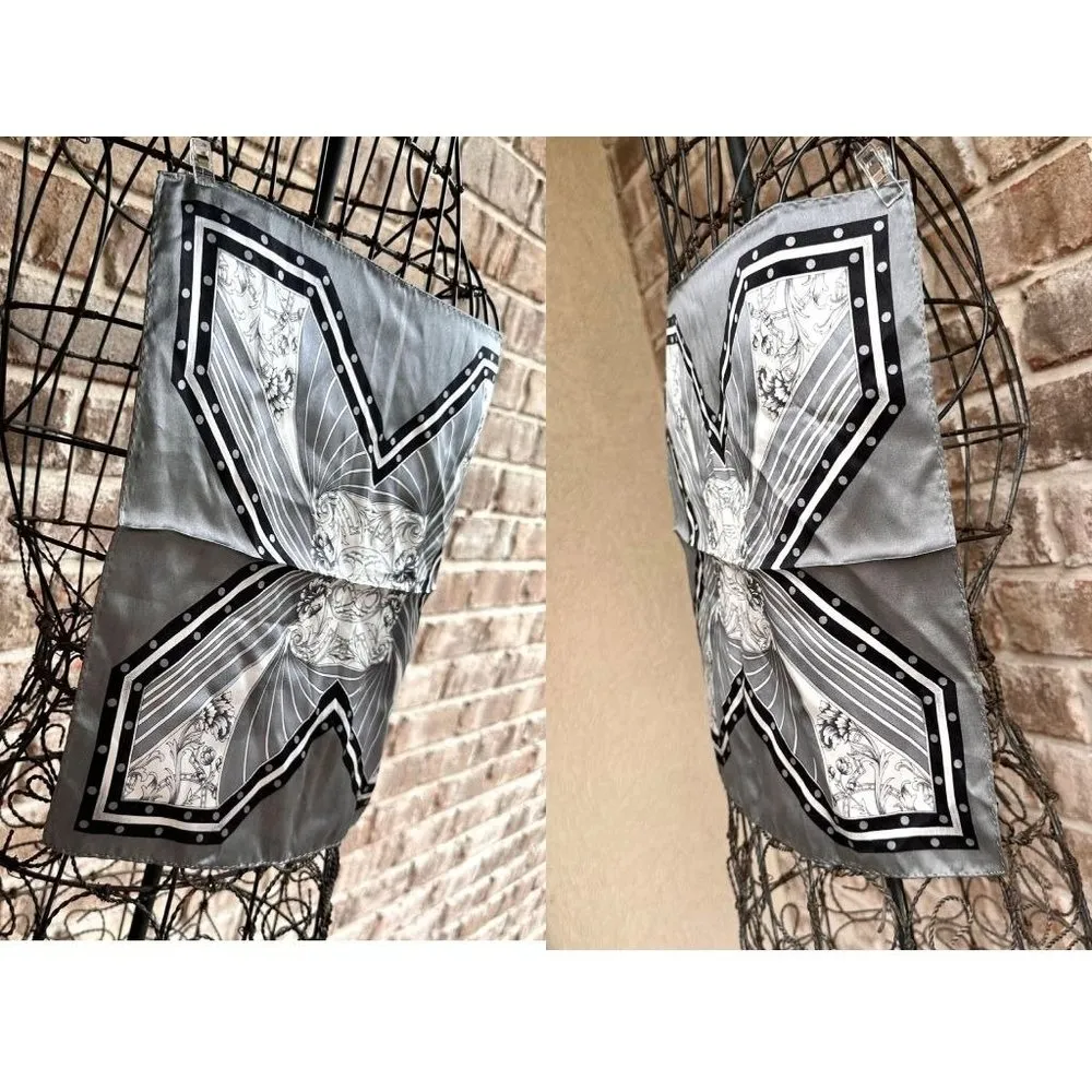 Vintage Neck Scarf Silver Black Floral Art Deco Hand Rolled Hem Korea Co… - Image 3