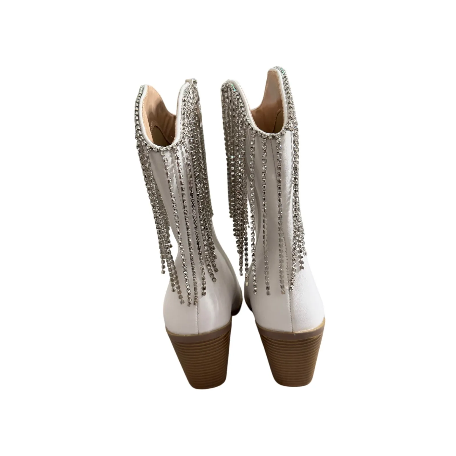 Berness Cow Girl Boots Size 5.5 Pointed Toe Block Heel Rhinestone Fringe White - Image 5