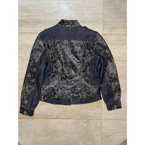 H & D collection distressed Denim cotton and leather women Moto‎ jacket Sz M Black Size M - Image 9