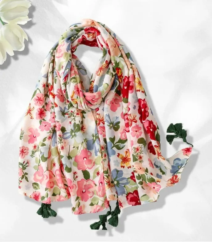 NEW Boho Exotic Floral Design Tasseled Rectangle Soft Chic Scarf L Cream White - Image 1