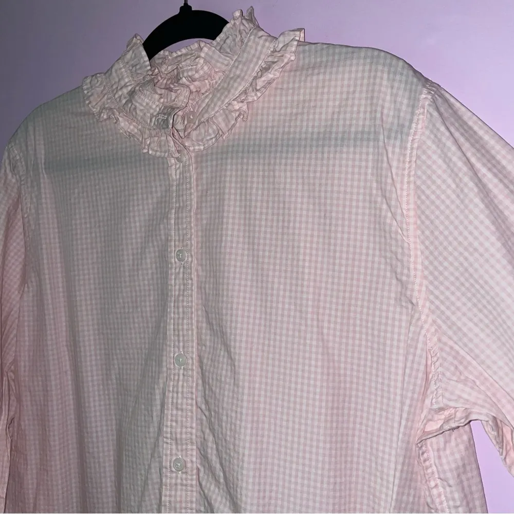 J Crew 18 Classic Button Shirt Pink Gingham Cotton Long Sleeve Ruffles - Image 2