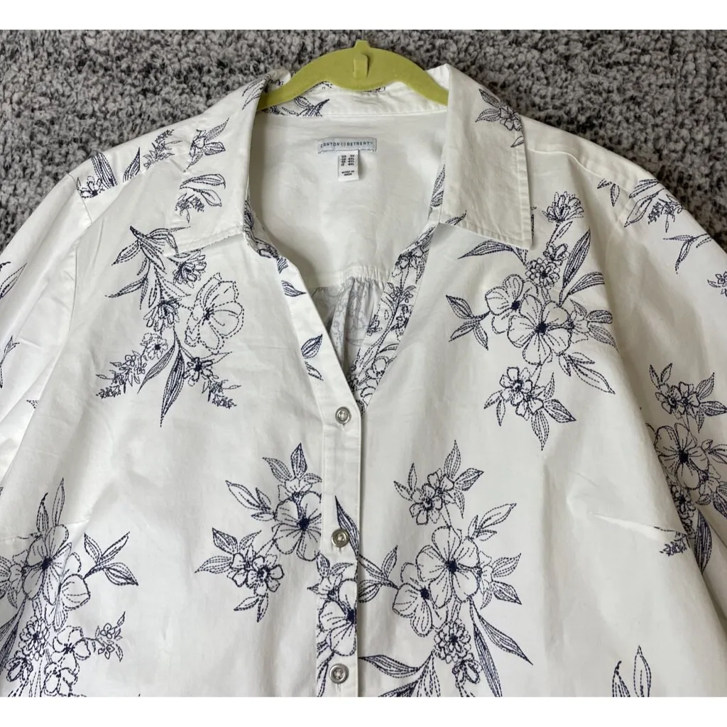 Canyon Retreat 3X Button Top Blouse White Blue Floral Beach‎ Nautical Travel - Image 3