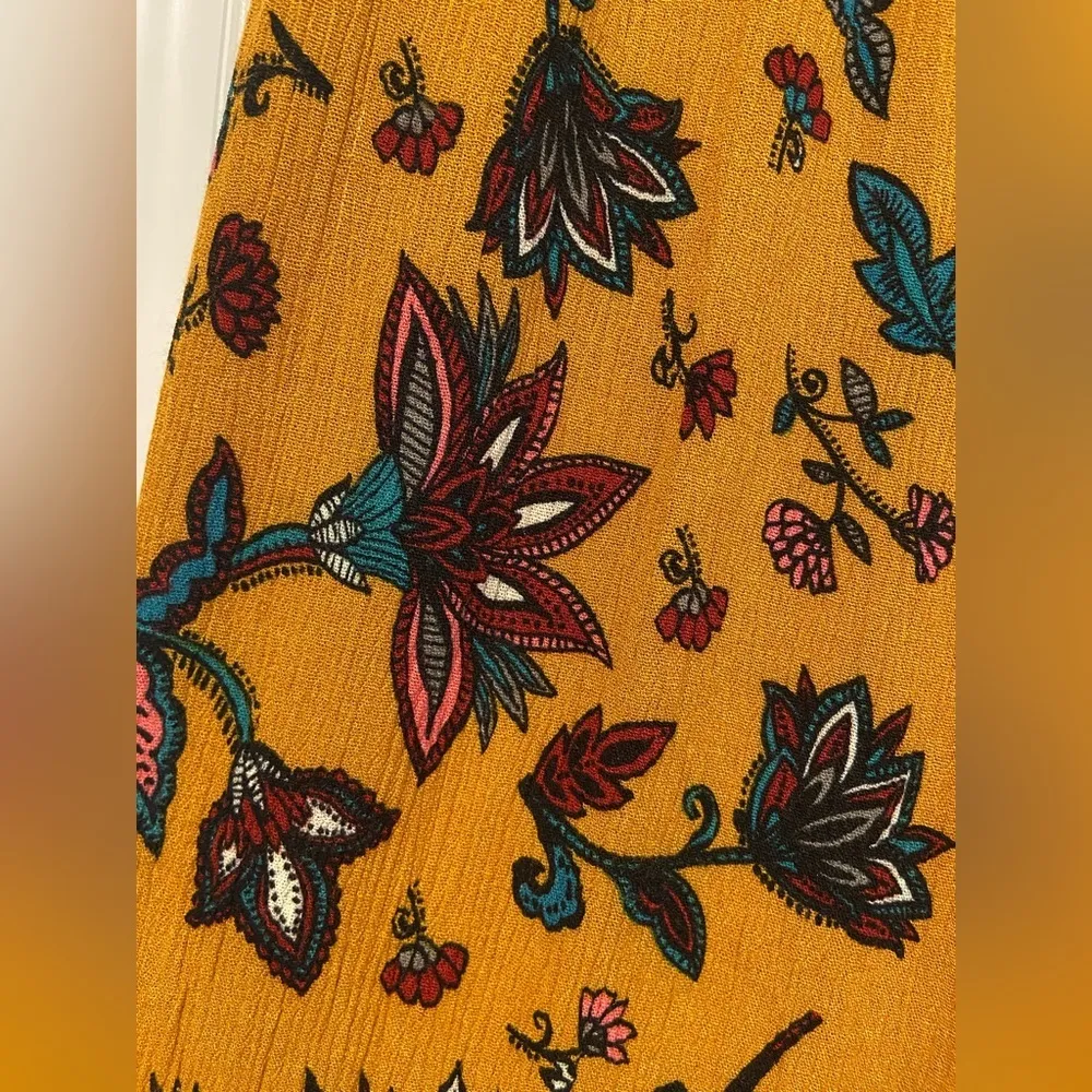 BBJ Los Angeles Mustard Fleur De Lis Flowy Wide Leg Boho Belted Pants Size L Gold Size L - Image 8