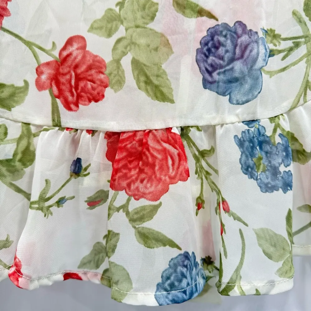 Sheer Floral Ruffle Hem Long Sleeve Tie Front Shrug Small - Image 10