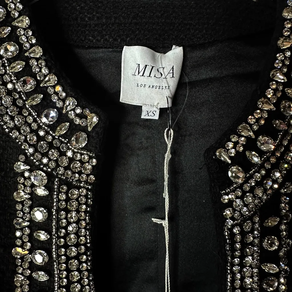 MISA Los Angeles Curtis Tweed Embellished Jacket in Black Size XS - Image 8