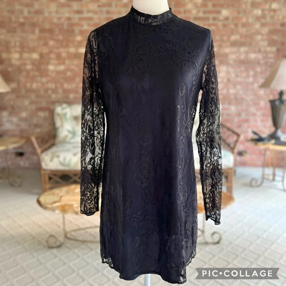 Zara Dress Mini Lace Mini Blue Black Contrast S High Neck Long Sleeve Party Mod - Image 2