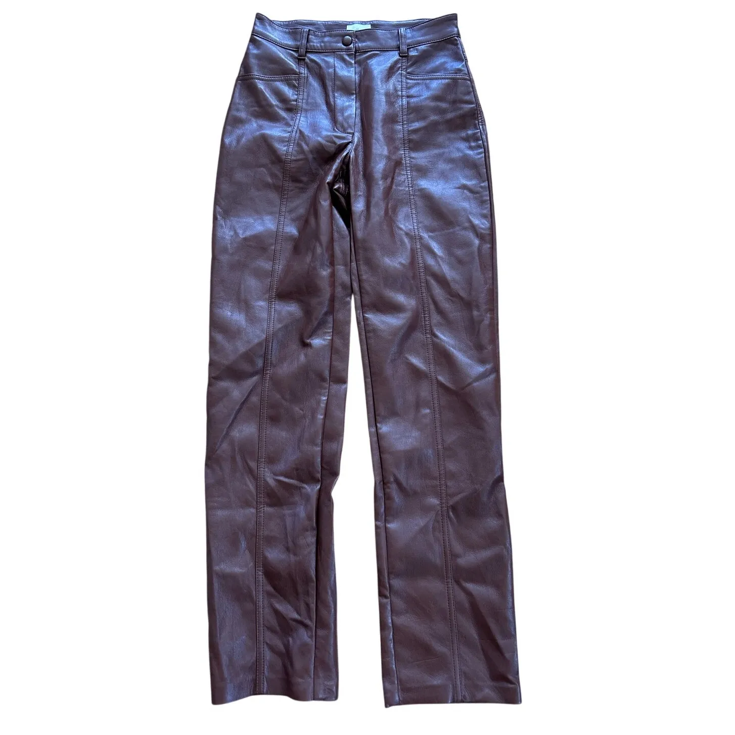 Aritzia Wilfred Rebel Vegan Faux Leather Chocolate Brown Straight Leg Pants - Image 3