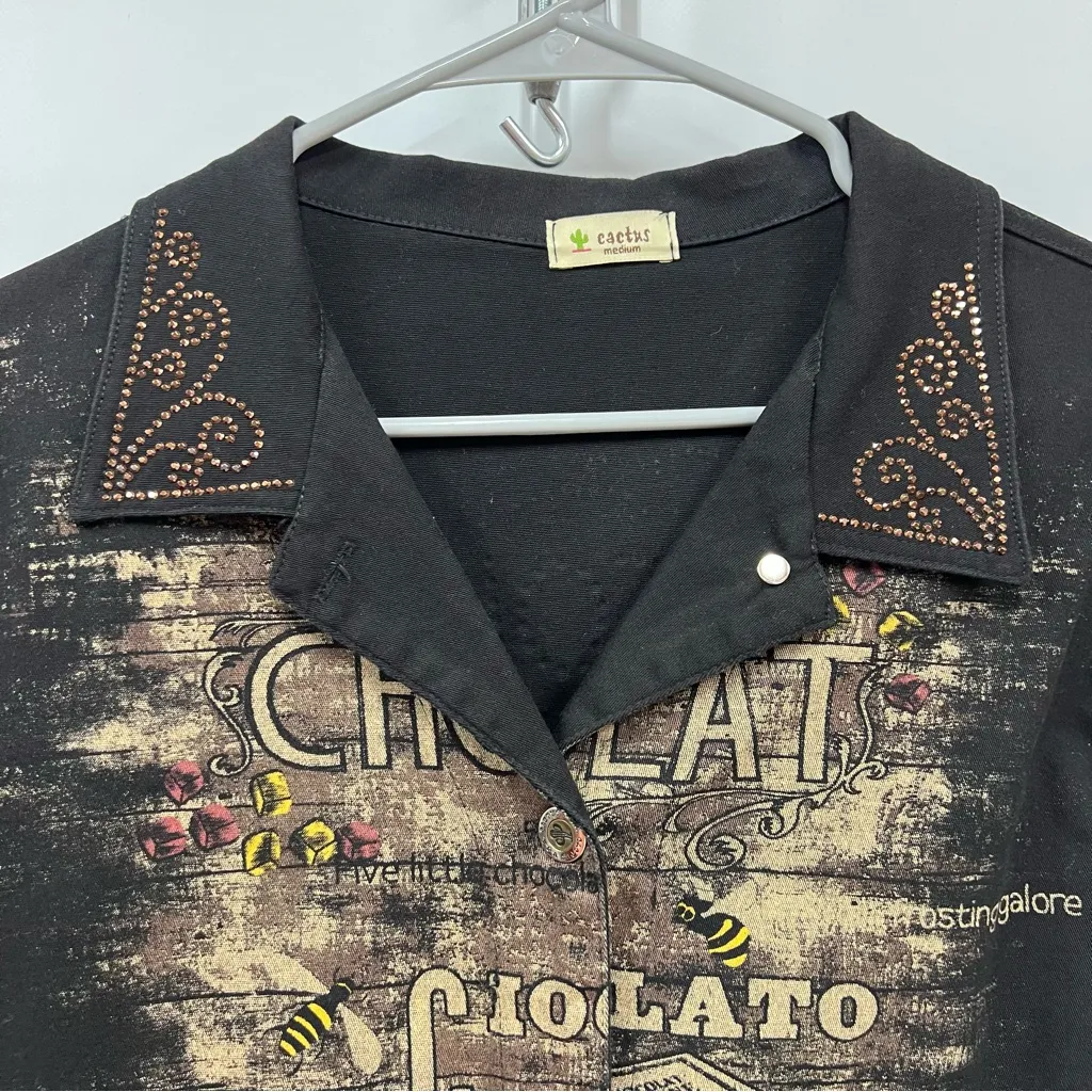 Vintage Cactus M Black Brown Chocolat theme rhinestone button down Jean Jacket Size M - Image 8