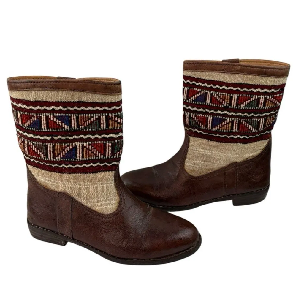 *Womens Kilim Moroccan Boots Size 8.5-9? Brown Leather Western Blanket Fabric - Image 5
