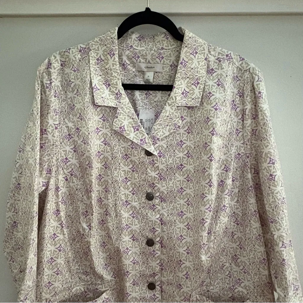 NWT Christopher & Banks White Tan Purple Patterned 3/4 Sleeve Jacket Size 3XL - Image 2