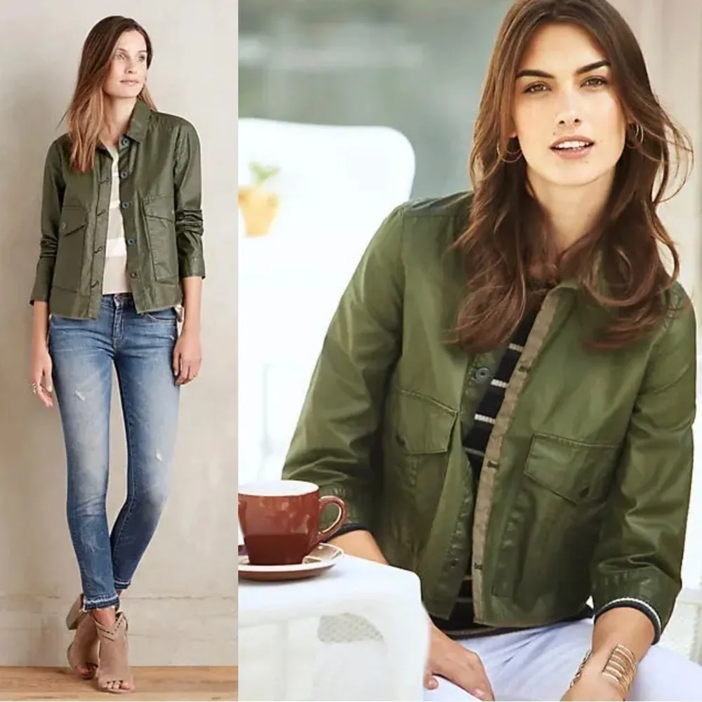 Anthropologie Hei Hei Coated / Waxed Army Green 
Military Utility Swing Jacket S - Image 3