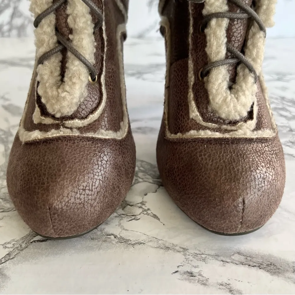 Eryn Brinie Booties 6.5 Sherpa Brown Lace Up Faux Suede Heeled - Image 6