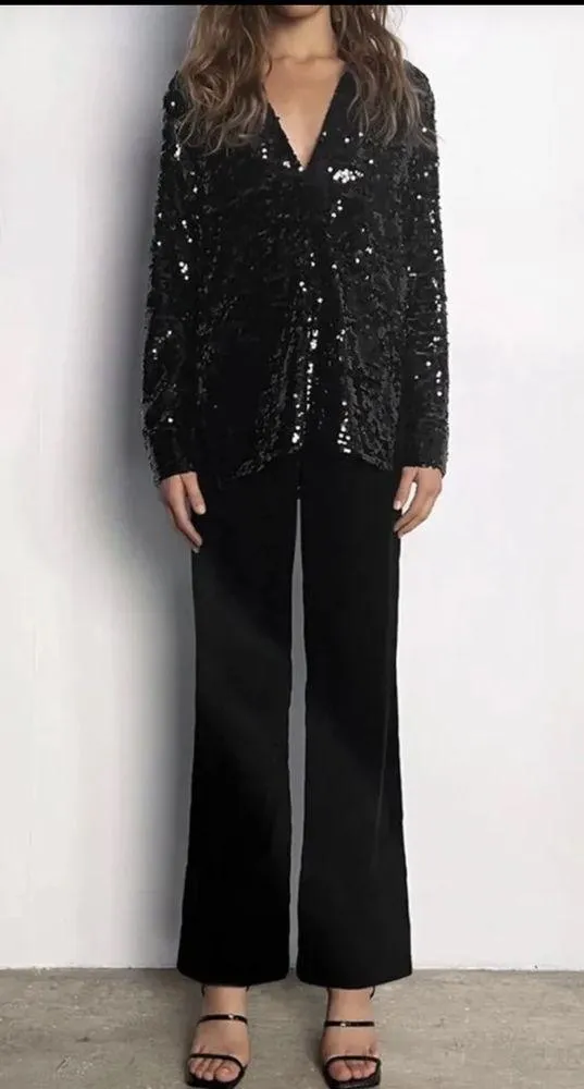 ZARA SEQUIN LONG SLEEVE V-Neck BLOUSE Top BLACK SIZE S NEW - Image 3