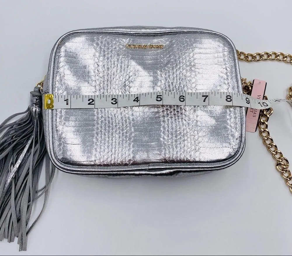 NWT Victoria’s Secret Metallic Silver Embossed Tassel Crossbody Bag Purse - Image 5