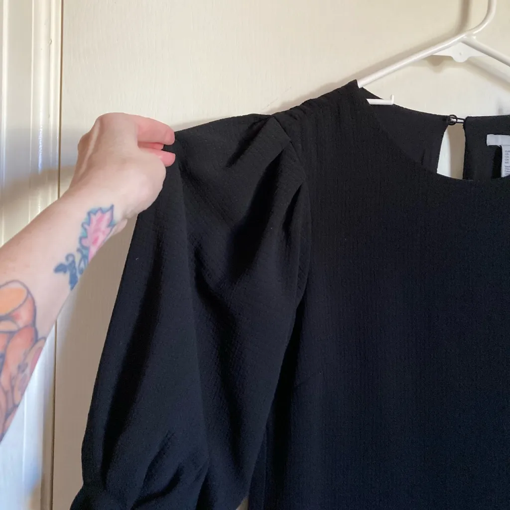 H&M Black Textured Puffed 3/4 Sleeve Shift Midi Dress #Br - Image 4