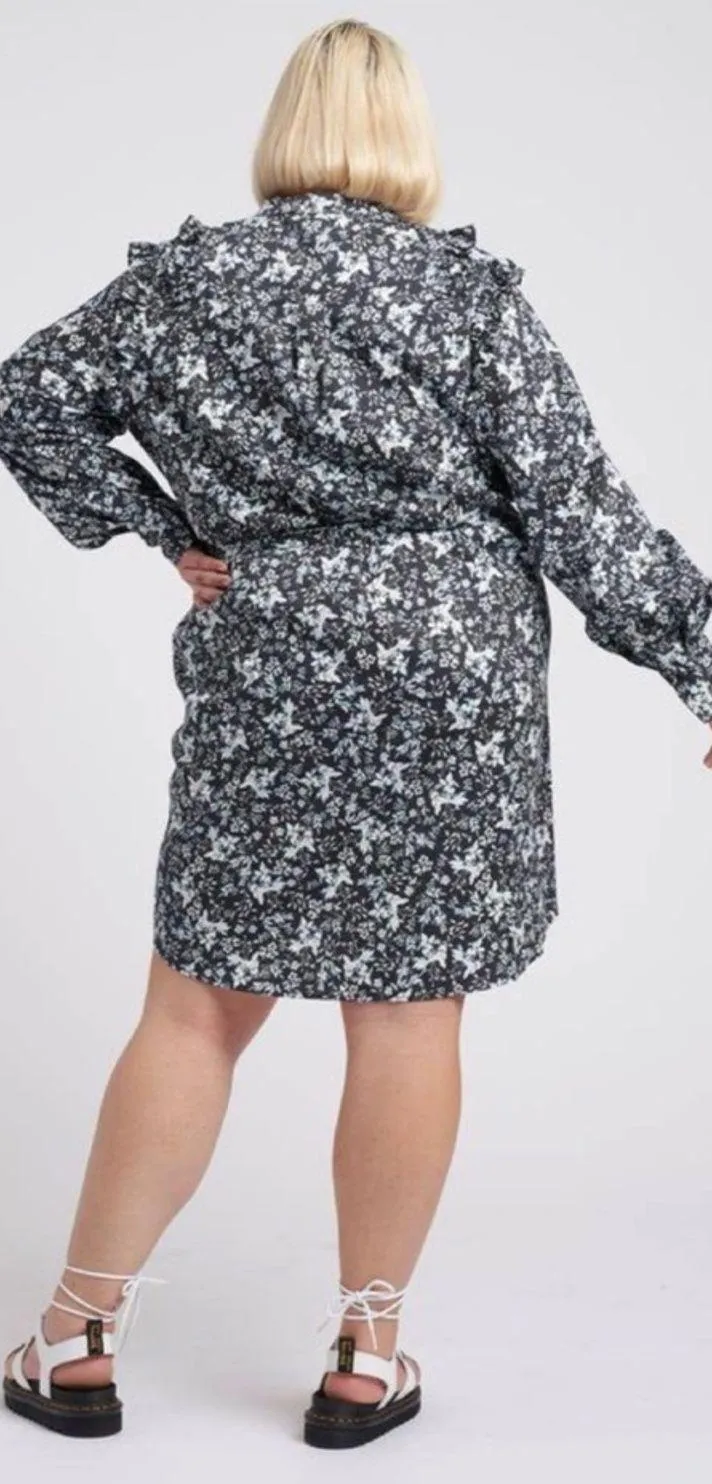 Universal Standard x Erdem The Primrose Ruffle Shirt Dress‎  Black Floral 2 / 4v - Image 2