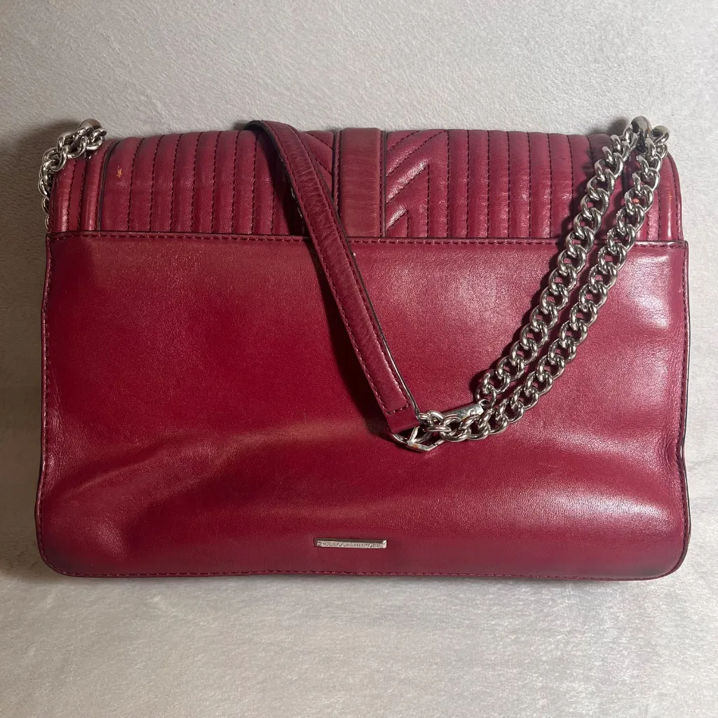 Rebecca Minkoff Love Crossbody Bag Burgundy Quilted Leather Silver Chain - Image 3