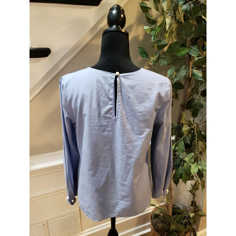 Banana Republic Blouse Women Small Blue Long Sleeve Back Button Pearl Detail - Image 10