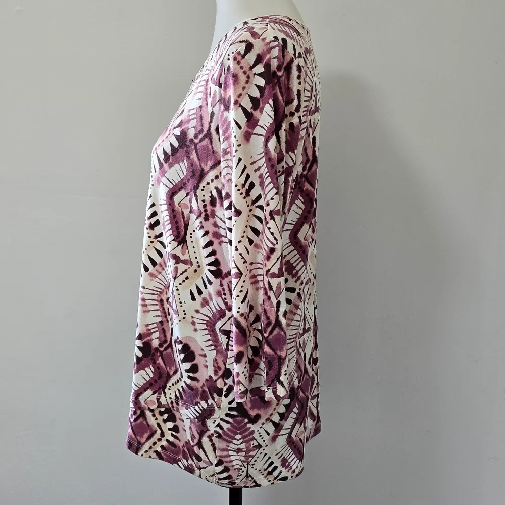 New Directiins Purple Abstract Tribal Print Keyhole Tunic Top 3/4 Sleeve Size MP - Image 3