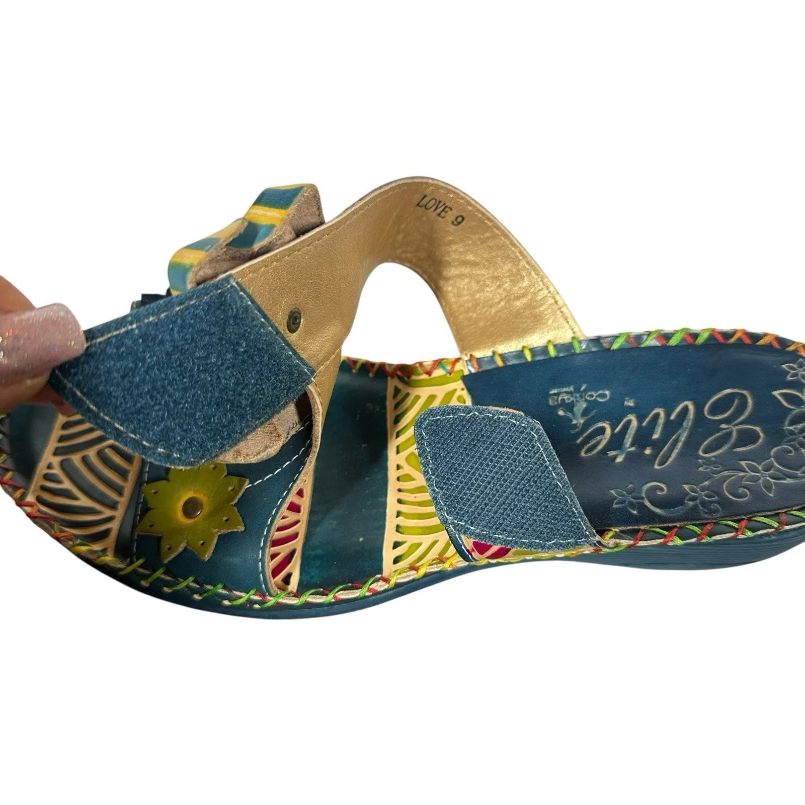 Elite by Corkys Love Wedge Sandals Slides Blue Multicolor Leather Sz 9 NEW Artsy - Image 9