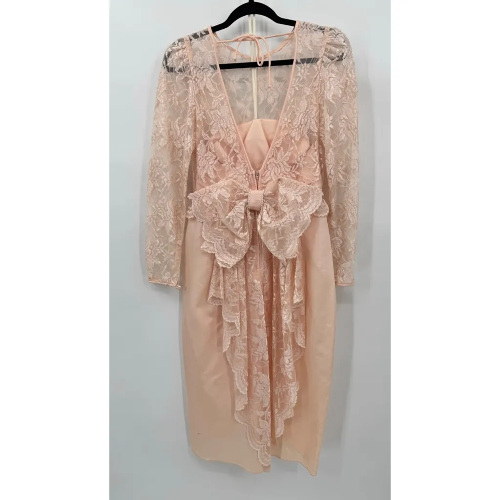 Vintage Totally 80s Peach Lace & Satin Formal Dress Huge Bow Molly Ringwald Size 6 - Image 4
