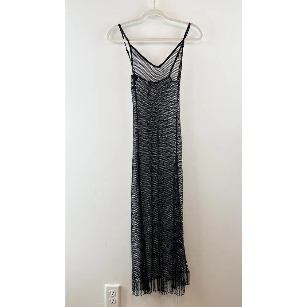 Anthropologie Sleeveless Mesh Fishnet Fringe Hem Midi Beaded Dress Black Small - Image 3
