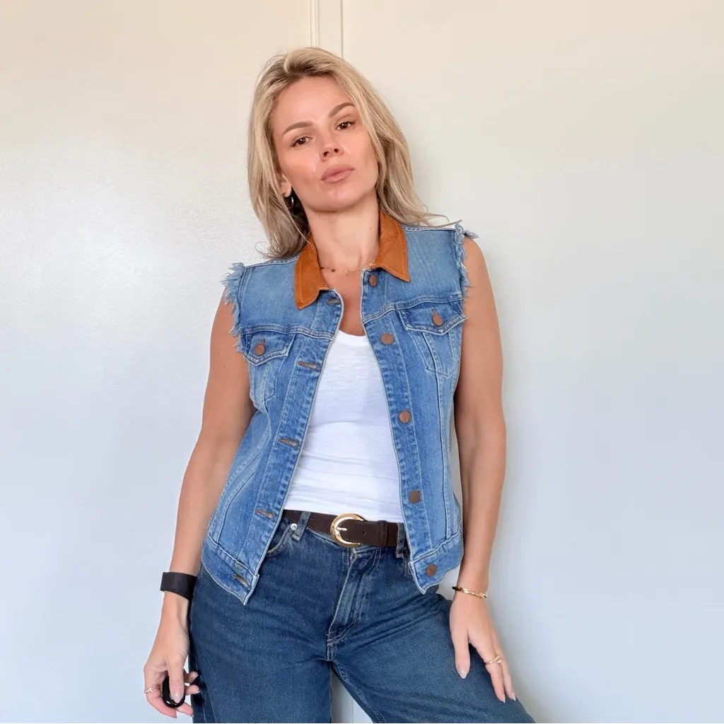 J Brand Denim Vest with Leather Collar - Image 5