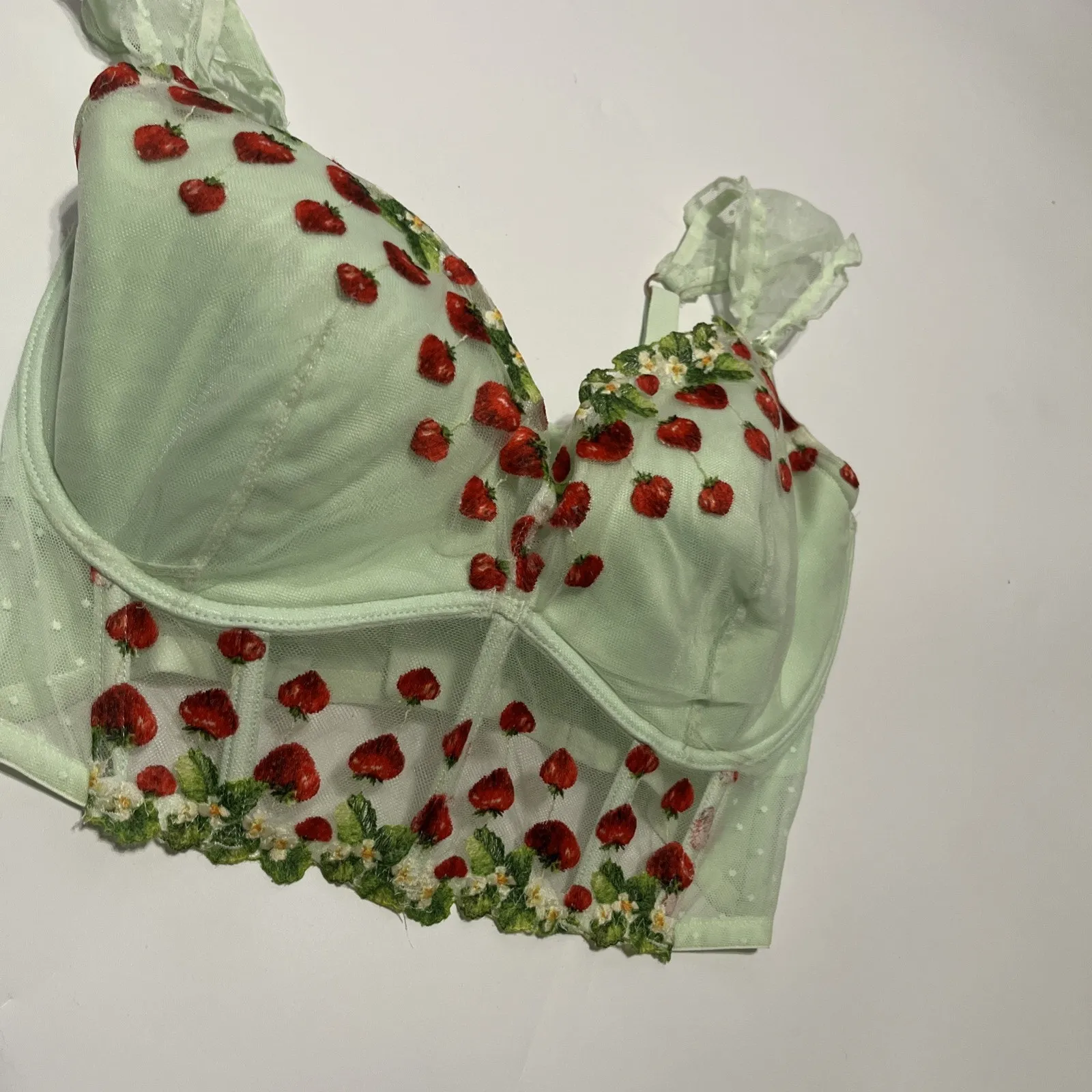Sz M D DD VS Dream Angels Pale Green Corset Strawberry Embroidered Bra - Image 4