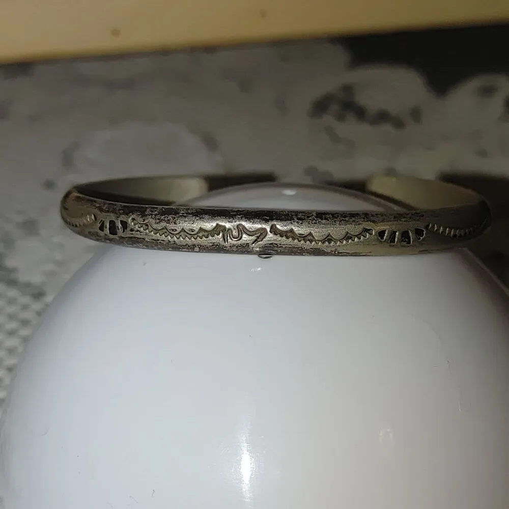 Antique Sterling Silver Native Cuff Bracelet Detailed Etched Patterns Stamped - Image 5