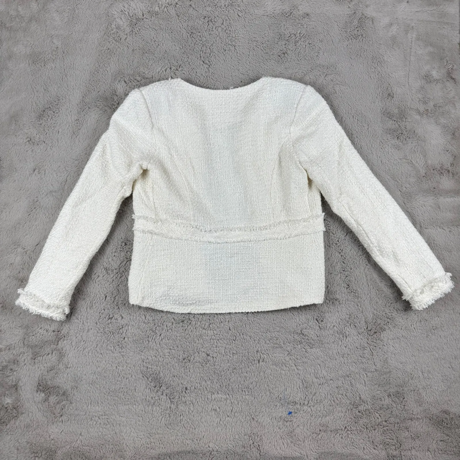 Mangano Tweed‎ Jacket Frayed Edges Open Front Blazer Off White XS Made in Italy - Image 4