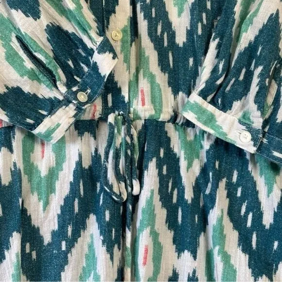 J Crew Ikat Print Long Sleeve Drawstring Waist Romper Blue White‎ Sz L Cotton - Image 6