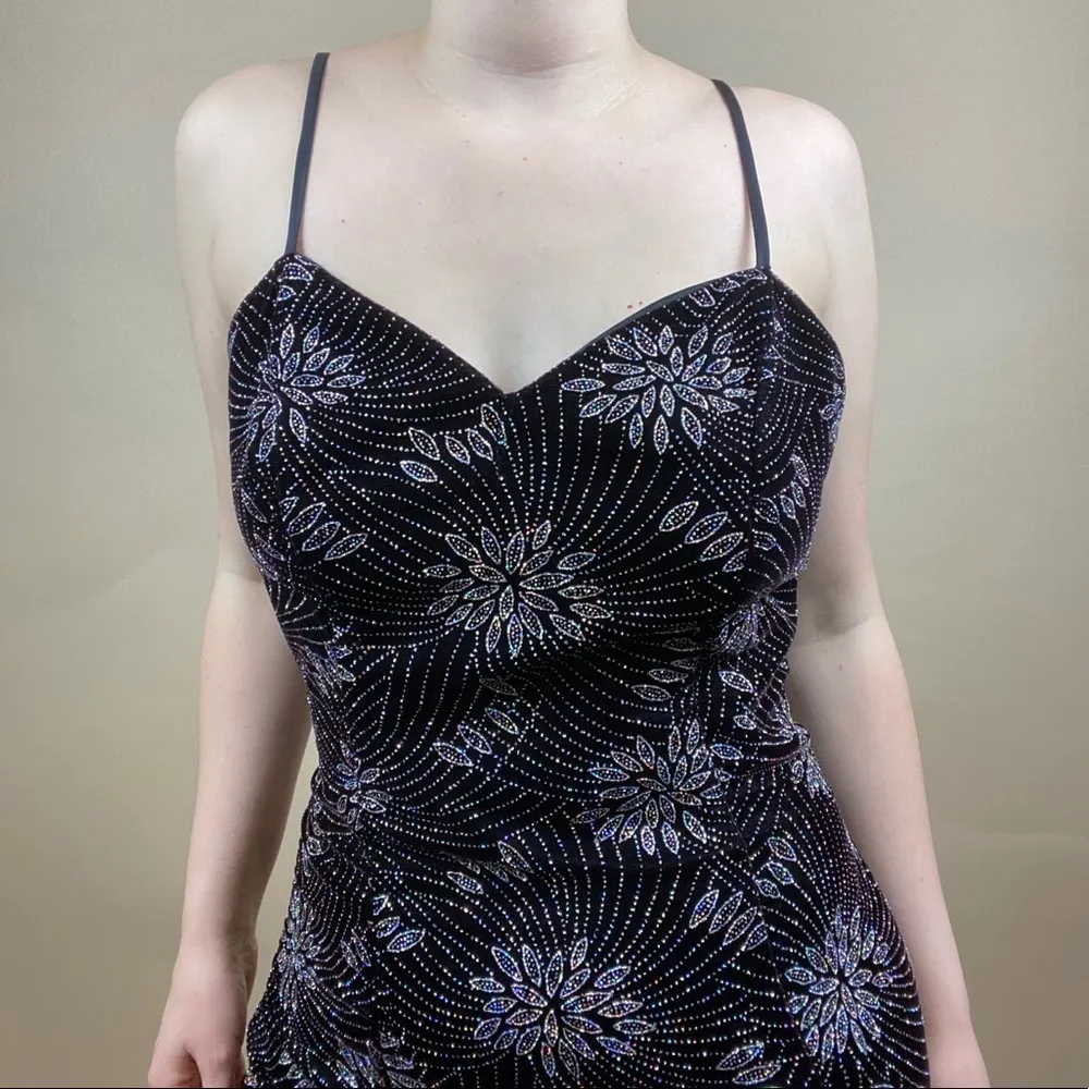 Elegant Classy Size 6 Floral Sequin Thigh Slit Maxi Dress Retro Shimmer Sparkle Black - Image 3