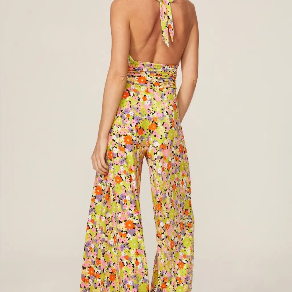 AFRM Multicolor Floral Halter Jumpsuit Yellow Size M - Image 2