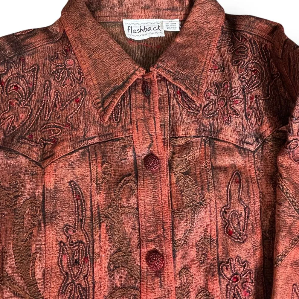 Vintage Flashback Embroidered Copper Jacket 3X Boho Crochet Hem Sequin Details Orange Size 2X - Image 9