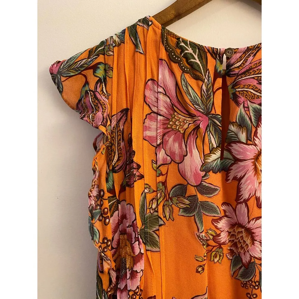 Farm Rio Adonis Pintucked Blouse No Tie Orange Pink Floral Flutter Sleeve GUC S - Image 11