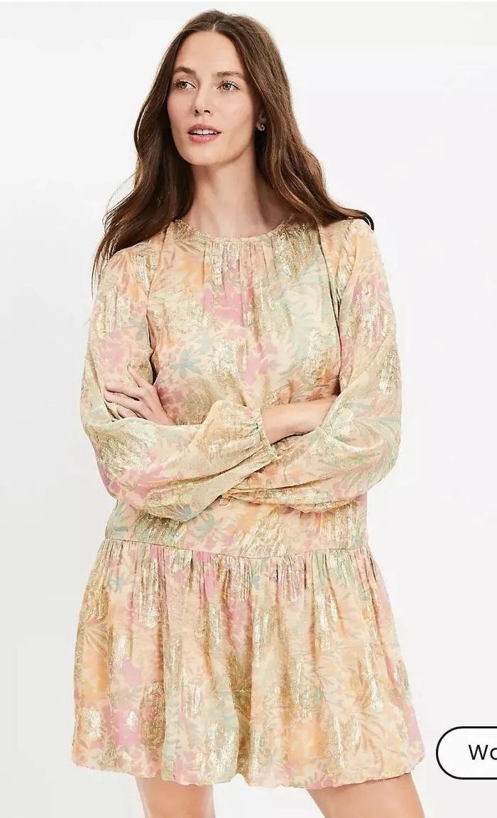 Loft XS Floral Shimmery Dress With Bubble Hem. Flowy‎ Style. Drop Waist. - Image 2