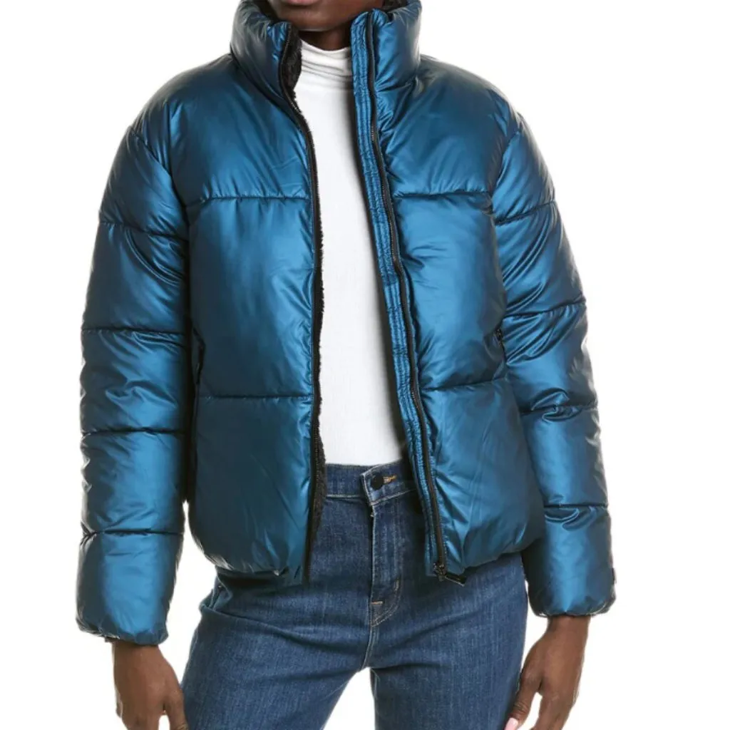 NWT Nicole Miller Cropped Puffer Jacket In Color Teal Large Faux Fur Lined - Image 3