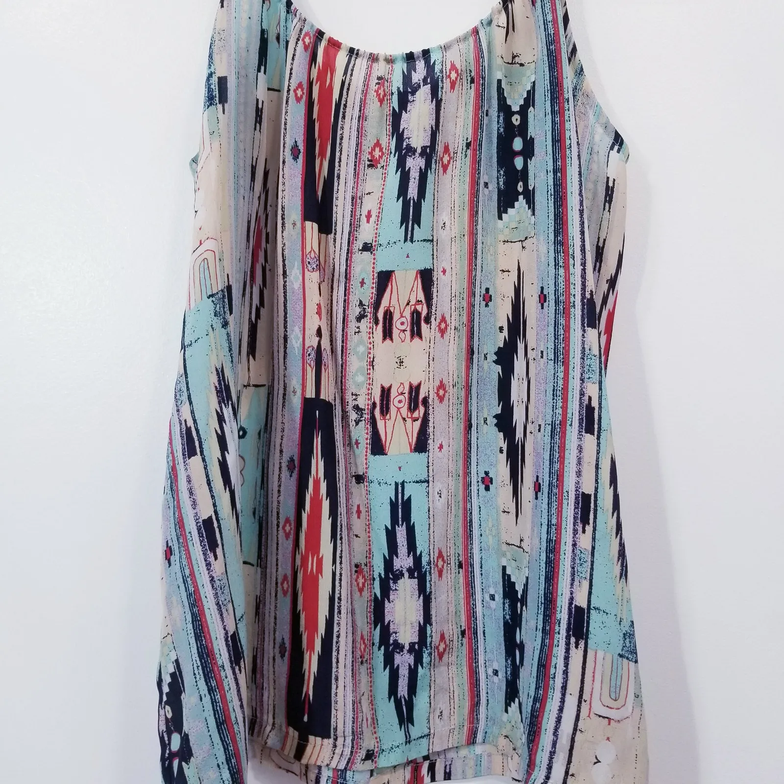 TUCKER 100% Silk Blouse Splash Multicolor Scoop Neck Spaghetti Straps Blue - Image 7