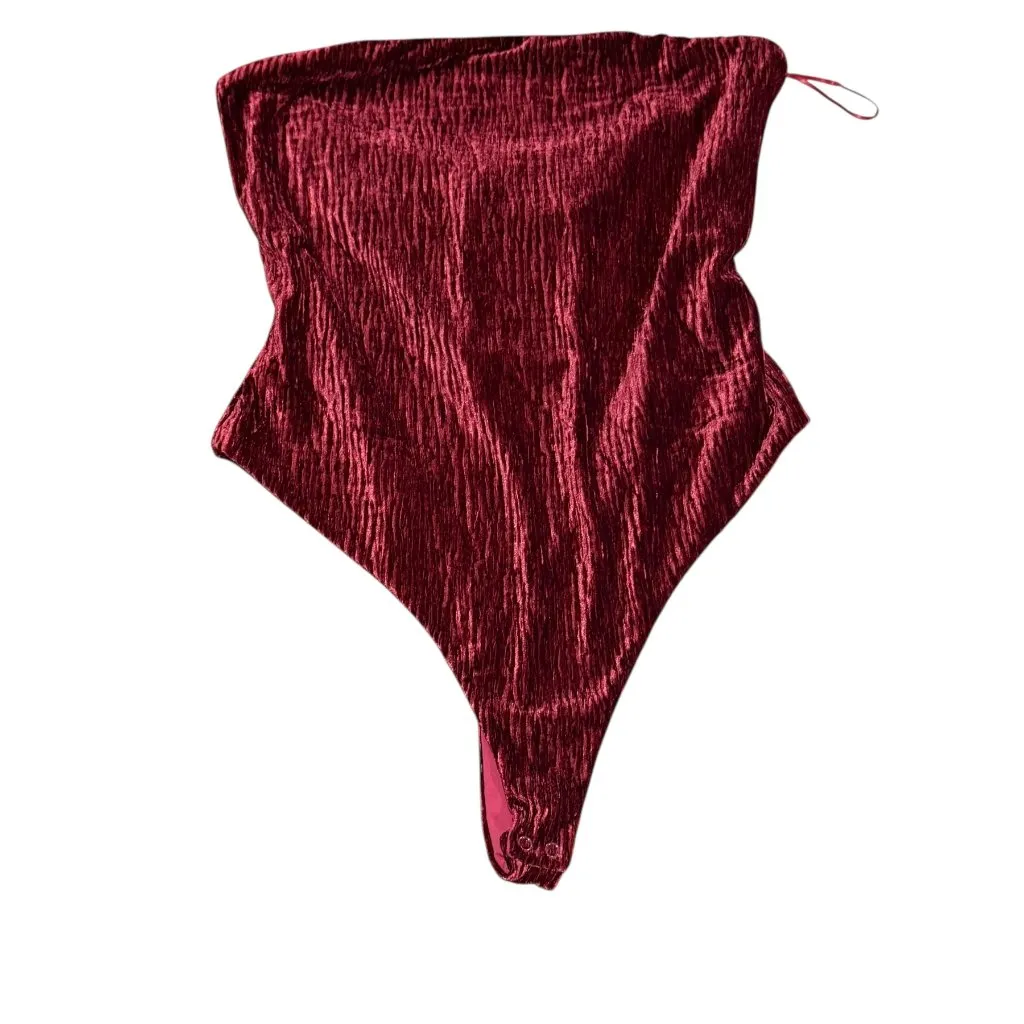 Naked Wardrobe Red Wine Textured Velvet Strapless Bodysuit Womens Small - Image 3