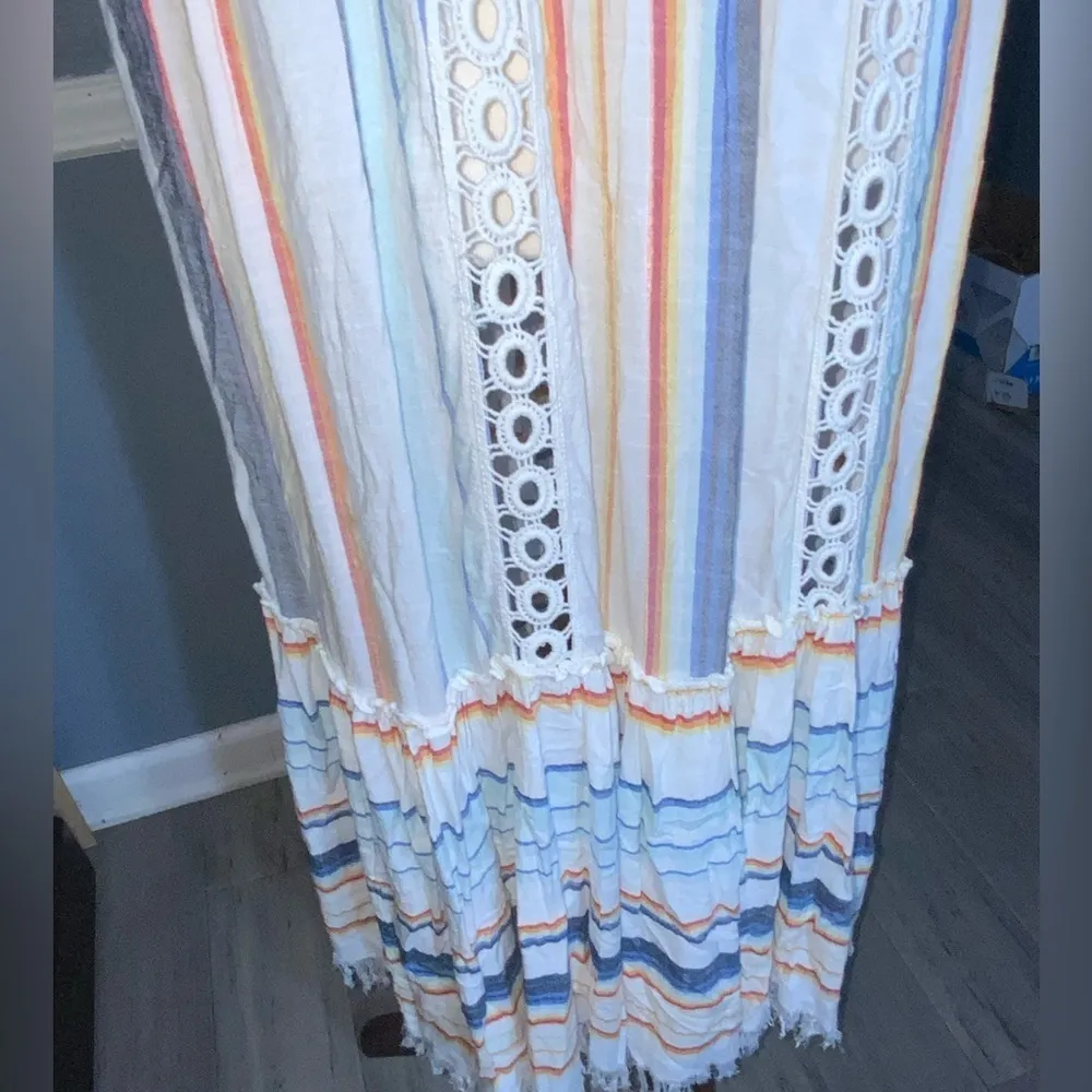 Blue Island Multicolor Stripes White Boho Fringe Hem Tie Strap Summer Dress XL - Image 7