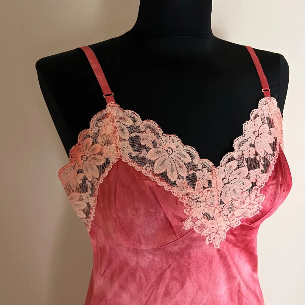 Elegant Vintage Pink Lace Trim Satin Slip Dress Size undefined - Image 2