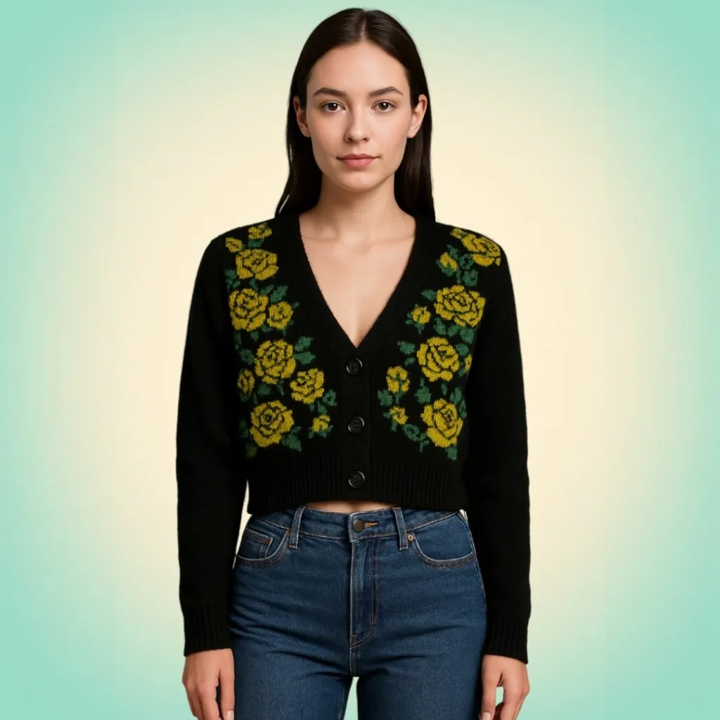 Grunge Floral Cropped Y2K Knit Cardigan Black Yellow Rose Forever 21 Small - Image 2