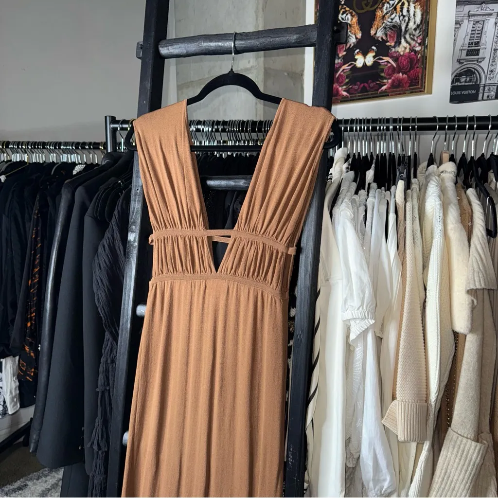 Ronny Kobo Charlie Dress Driftwood Brown Ruched Cutout Jersey Maxi - Image 12