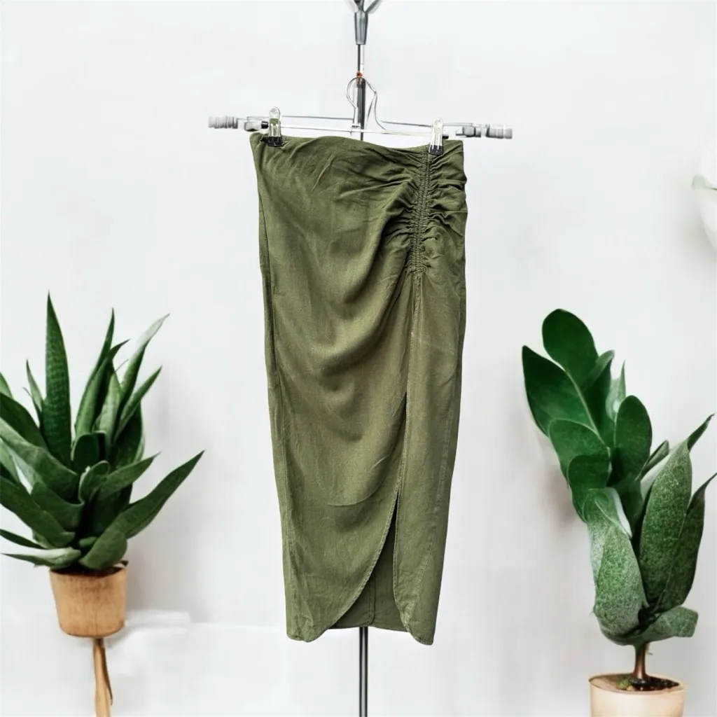 Zara Ruched Linen Blend MIDI Skirt Green Size Small - Image 2