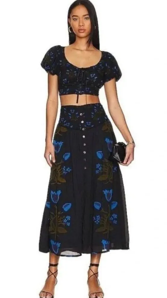 Free People Easy Luv Maxi Skirt Set Black Green Blue Button Gypsy Boho - Image 4