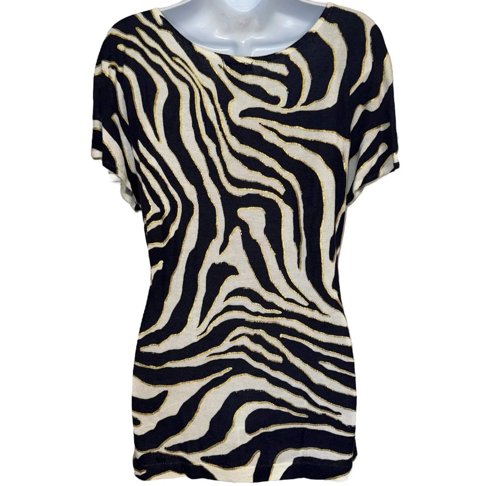 CACHE Zebra Print W/Gold Knit Short Flutter Sleeve Lightweight Sweater EUC Small Black - Image 6