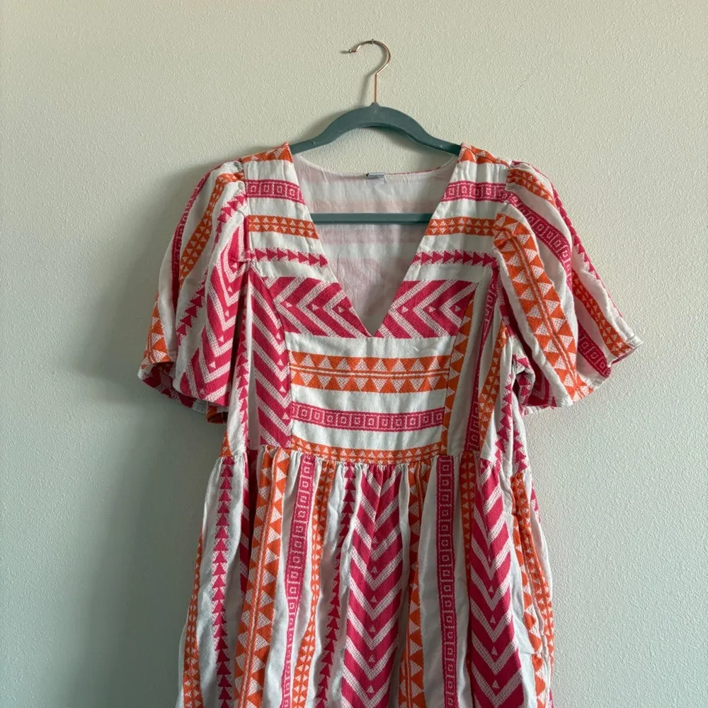 Old Navy Pink & Orange Jacquard Aztec Mini Swing Dress Size Medium TALL Cotton - Image 4