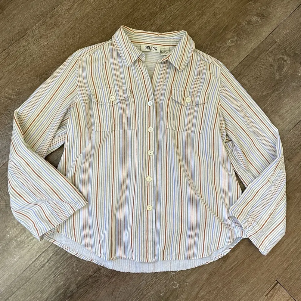 Selene Sport Vintage Linen Rayon Striped Roll Tab Sleeve Button Up Shirt ~ Sz L Size L - Image 9