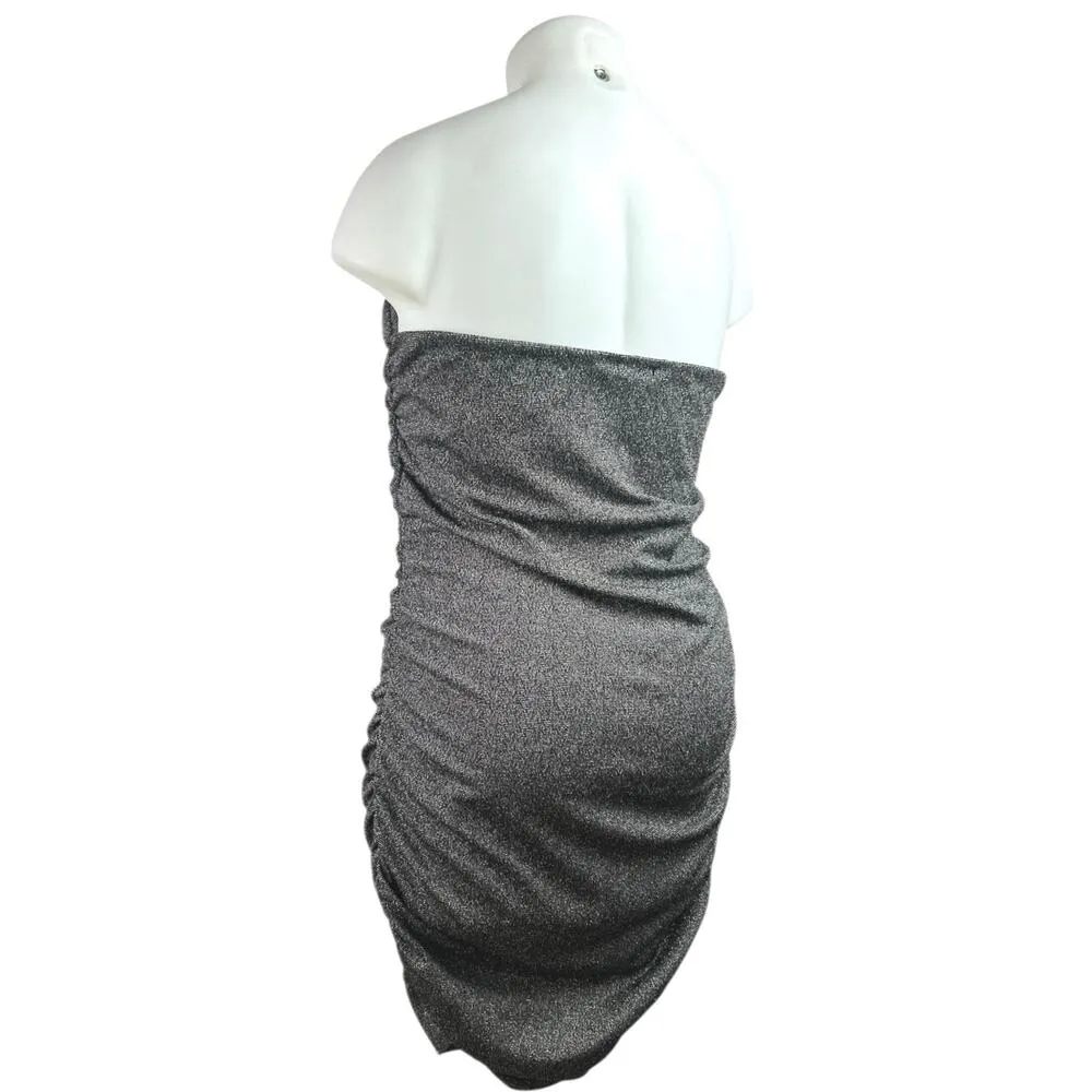 Boohoo Gray Metallic Strapless Tube Bandeau Ruched Mini Bodycon Dress Size 2XL - Image 3
