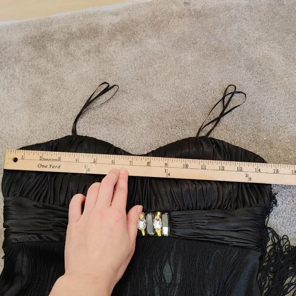 La femme Size 2 Tassle Fringe Flapper Girl Black Dress Jewel Fancy LBD Formal - Image 9